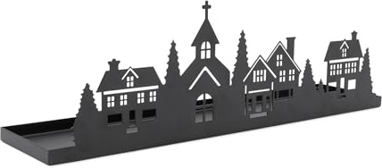 Spetebo Metall Kerzentablett Häuserzeile schwarz - 35 x 10 cm - Deko Tablett mit Weihnachtsdorf Silhouette - Weihnachten Advent Winterstadt Kerzen Brett