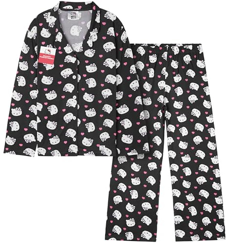 Hello Kitty Sanrio Pyjama Fille et Ado, Ensemble Haut et Bas, Tenue de Nuit Enfant Kawaii, Pyjama Hiver Doux et Confortable (11-12 Ans, Noir Hello Kitty)