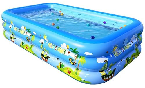 GALAXYER Inflatable Paddling Pool with Cartoon Prints, 3 Rings Large Rectangular Family Swimming Center for Kids Toddlers Adult, Indoor Outdoor Garden Swimming Pool, 205 × 125 × 50 CM