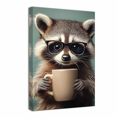 ZQQART Waschbär Leinwandbild Cure Raccoon Holding Coffee Bild Wanddekoration lustige Tier Poster Drucke Coffee Shop Café Küchendekor gerahmt(Orange,70x105cm)