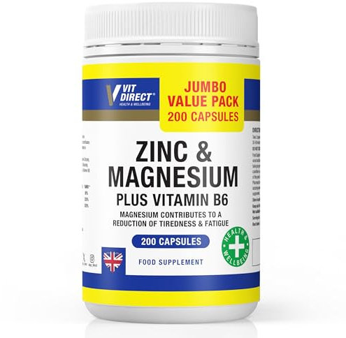 Vit Direct - Zinc and Magnesium Supplements with Vitamin B6 - Jumbo Pack - 200 Capsules - Supports Energy, Reduces Tiredness & Fatigue - Promotes Healthy Hair, Nails, Skin & Bones