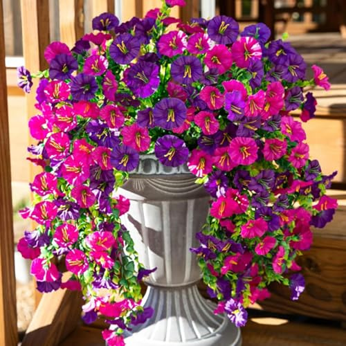 Precisetrue Hanging Flowers 2 Pack, 69 UV-Proof Silk Morning Glories, No Fade Fake Plastic Flowers for Decoration Hanging Planters Indoor Outside Garden Porch Window Home Wedding (4, Purple Lotus)