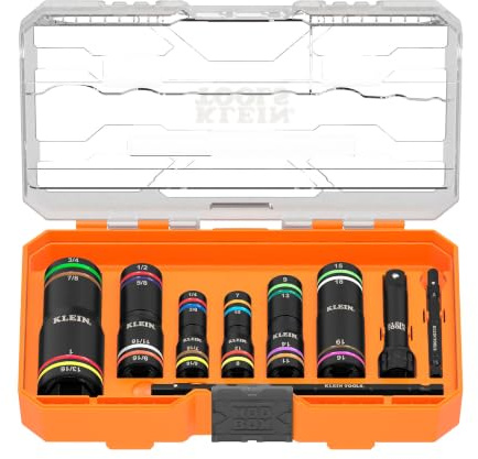 Klein Tools 656QS KNECT Vierfach-Stecknuss, 24 Größen in 6 Stecknüssen, 4-in-1 farbkodiert SAE und metrische Schlagfestigkeit, Tiefwellen-Schwerlast, 1/4- und 3/8-Zoll-Antrieb, 3-1/2- und 6-1/2