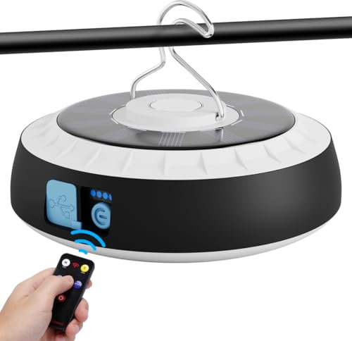 WholeFire Luce solare da campeggio con telecomando, 4 modalità di sospensione, luce da lavoro per campeggio, escursionismo, interruzioni, emergenza, pesca