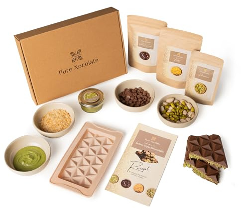 Pure Xocolate DIY Dubai Schokolade Set – Geschenkbox mit belgischer Schokolade, Pistaziencreme & Engelshaar Teigfäden (Kadayif) – inkl. Silikonform – Luxus Schokolade selber machen