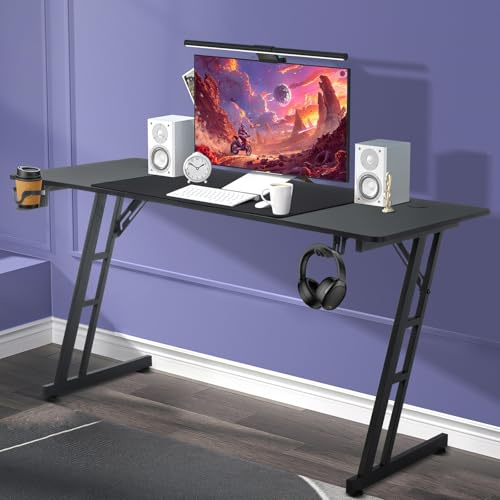 Alpstorm Bureau Gamer 120x60cm,Table PC Gaming Design Ergonomique, Structure Z Renforcée avec Plateau Carbone Noir, Support de Casque Intégré et Porte-Verre Ergonomique