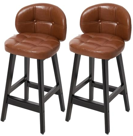 Warmiehomy Pu Leather Bar Stools Set of 2 High Kitchen Breakfast Bar Stools Chairs with Solid Wood Legs Barstools Set of 2 for Kitchen Island Counter, Dining Room, Pub, Bistro, Cafe, Brown