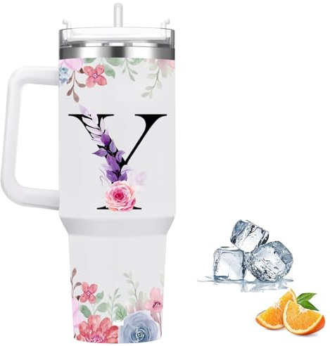 Botella Agua Termica Personalizada, Cool Bottles de Acero Inoxidable de 1.2 Litros, Termo Cafe para llevar con tapa y pajita, Copo Termico sin BPA, Letras de Moda, Regalos Originales para Mujer (Y)