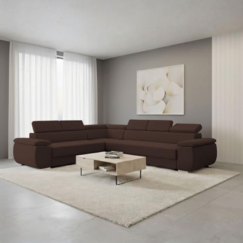 FORNIRO 24 Dantino Ecksofa 318x255x79 Braun Wohnzimmer Couch Schlafsofa | Mit Schlaffunktion & Bettkasten - L-Form - Kissen - Stoff Basic | ausziehbar Gäste bequem Stauraum Design hochwertig Eckcouch
