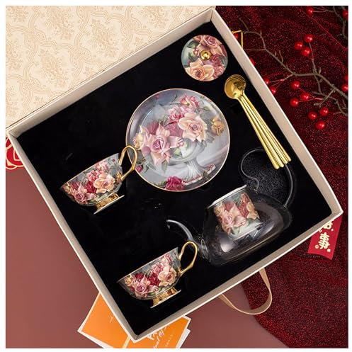Set di teiera inglese, set da tè in ceramica per adulti, set da tè da donna dipinto con fiori, adatto per caffè, tè forte e tè verde (S)