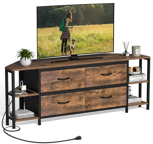 Welfuturer Corner TV Stand with 4 Drawers & Built‑in Power Outlet, Industrial Corner Entertainment Unit for TVs up to 55″, Farmhouse Rustic Console with 4 Open Shelves for Living Room or Bedroom