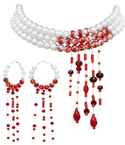 Collier Perles Sang, Collier de Perles Femme, Accessoires Costume Halloween avec Colliers de Sang Boucles D'oreilles en Perle, Colliers Sangs Halloween pour Carnaval Cosplay (B)
