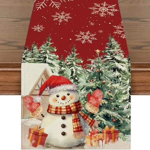 Schneemann Schneeflocke Weihnachten Tischläufer, Weihnachtstischläufer Rot, Weihnachts Tischdeko, Saisonnal Winter Küche Tisch Dekoration Drinnen Urlaub Party Dekor 40x140 cm