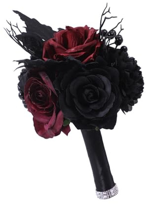 ZYKEJJDDAK Kunstblumen Brautstrauß Gotik Hochzeit Rot Orchideen und Schwarz Hochzeit Blume für Brautjungfern Gothic Brautstrauß, Gothic Schwarz Rot, One size