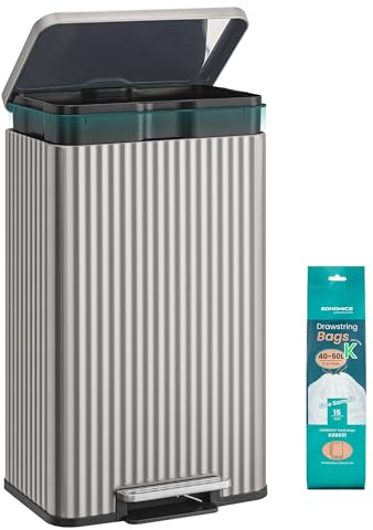 SONGMICS Kitchen Bin, 13 Gallon (50 L) Waste Bin with Pedal, Soft-Close Lid, and Removable Inner Bucket, Stainless Steel, 15 Rubbish Bags (Code K) Included, Metallic Silver LTB586EZ01