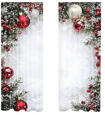 Generisch Weihnachtsgardinen | 2 Stück Weihnachtskugel Druck Bezug | 2D Flach Gedruckte Wintergardinen Mit Schneeflocken Und Kiefernzweig Muster - Für Schlafzimmer Wohnzimmer Innenbereich
