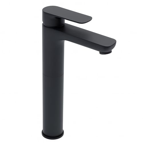 Elion - Miscelatore monocomando alto per lavabo, finitura nera opaca, in ottone massiccio, rubinetto monocomando per lavabo da appoggio