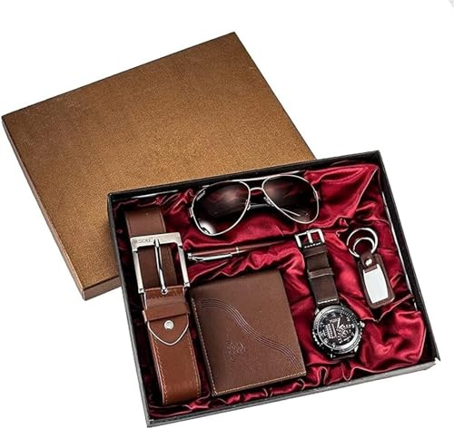 Premium 6pcs/Set Men's Gift Set Beautifully Packaged Watch+Glasses Belt Wallet Pen Keyring Male Creative Fashion Men's Gift Set, Brown Leather Perfect Present for him Gift for Men (Brown)