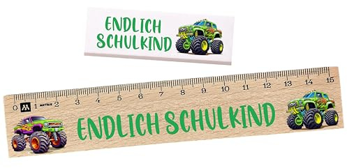 Einschulung Set Schulkind – Geschenk zur Einschulung für Jungen & Mädchen – Lineal, Radiergummi, Lesehilfe – 3 Größen (Mini, Standard, Premium) – Dino, Einhorn, Fußball (Monster Truck, Mini Set)