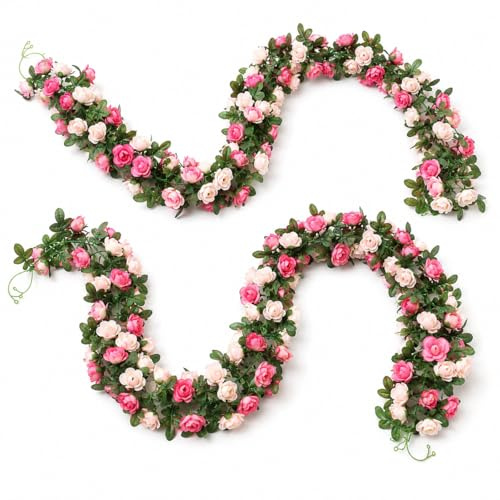 2 Pack Artificial Rose Vine Garlands, 16.4 Ft, Pink
