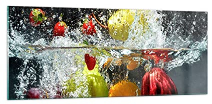 Moderne Impression sur Verre 100x40cm Image Tableau en Verre Decoration Murale Fruits eau éclaboussures nourriture Grand Tableaux Decoratifs Muraux Chambre Panoramique Deco Salon Art GAB100x40-2972