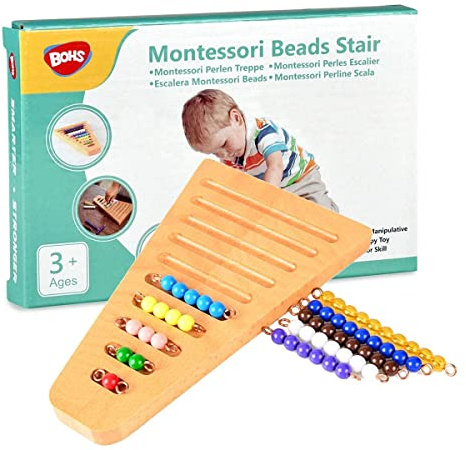 BOHS Montessori-Perlentreppe 1-10 mit Holzständer, Mathe-Lernspielzeug | Farbige Perlen auf Kupferdraht; Mengen, Reihenfolgen und erste Addition; Zahl-Mengen-Zuordnung und Feinmotorik