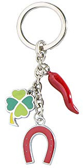 Portachiavi Portafortuna con Corno, Quadrifoglio e Ferro di Cavallo – Smaltato a Mano, Made in Italy