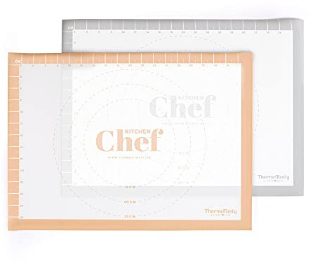 ThermoTasty Silikon Backmatte 2er-Set Kreis-Reliefs und Längeneinheiten in cm antirutsch wiederverwendbar Backunterlage Teigmatte Ausrollmatte Backfolie Arbeitsmatte, ca. 40 x 30 cm