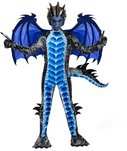 Spooktacular Creations Svart och blå drakdräkt, drakvingar och mask för halloweenfester, cosplay