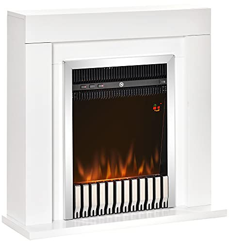 HOMCOM Camino Elettrico da Terra con Effetto Fiamma Realistico, Timer e Telecomando, 1000W e 2000W, 79x26x77.5cm, Bianco e Nero