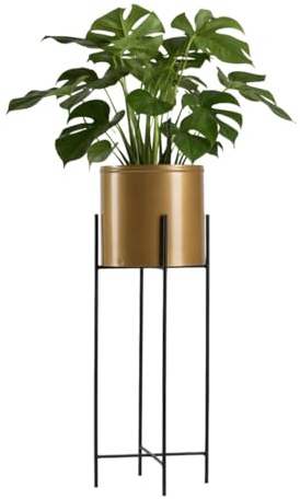 HowHomely Moderne Blumenständer Metall 75 cm Hoch mit Gold Blumentopf Rund 21 cm Ø auf Robuste Schwarzen Ständer - Pflanzenständer im Loft-Stil für die Innendekoration