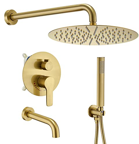 Gold-Duschsystem mit Wannenauslauf, gebürstetes Gold-Duscharmatur-Set hat 25,4 cm Regenduschkopf die Handbrause, Regenduscharmaturen mit Wanne, goldene Bürste, drei Funktionen, Badezimmer-Duschset