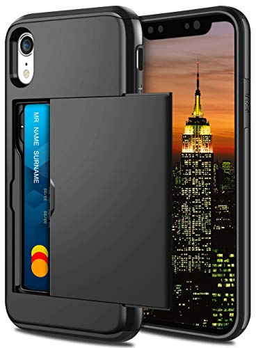 Coolden Handyhülle für iPhone XR Hülle mit Kartenfach Armor Stoßfest Hülle Case Silikon Weicher TPU Harte PC Bumper Cover Heavy Duty Schutzhülle Brieftasche Etui Handyhülle für iPhone XR Schwarz