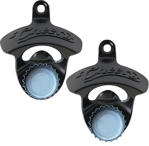 HAIICEN Magnetic Cheers Bottle Opener Wall Mounted Black, Pack of 2 | Built in Magnets to Catch Beer Cap, Rustproof, Screw in Wooden Caddy Fence Cooler