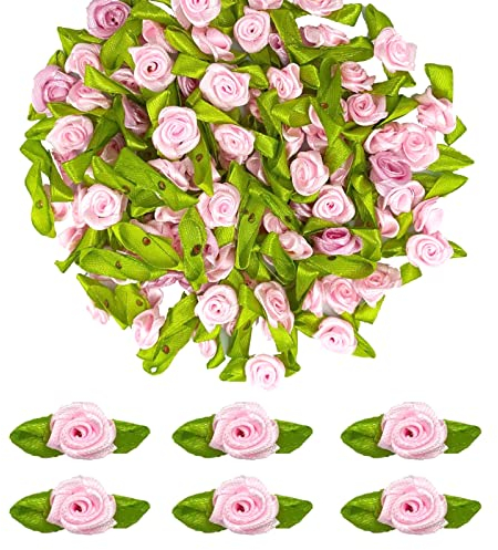 MUYAPAY Künstliche Blütenköpfe 100 Stücke Mini-Schleifen-Rosen Blumen Schleife Nähen Basteln künstliche Rosen Blumenköpfe Blütenköpfe zum Basteln, für DIY Basteln Garland Scrapbooking(Hell-Pink)