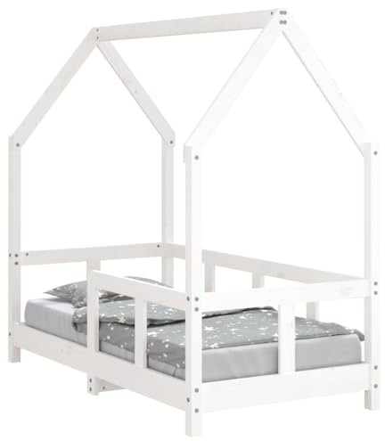 vidaXL Kinderbett, Kinder Bettgestell in Hausform, Hausbett für Kleinkinder zwischen 18 Monaten und 4 Jahren, Einzelbett Kinder Holzbett, Weiß 70x140 cm Massivholz Kiefer