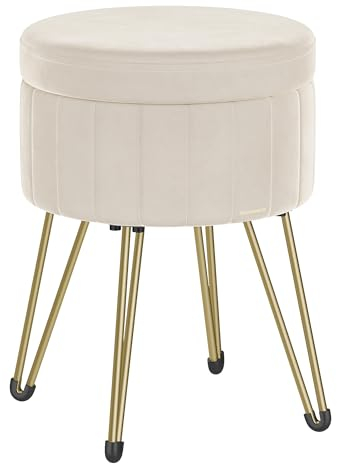 SONGMICS Puff Almacenaje, Baul Almacenaje, Banco Almacenaje Redondo, Taburete de Tocador de Terciopelo, 39 x 44,4 cm, 4 Patas de Metal, Asiento Acolchado, Blanco Crema LOM003W01