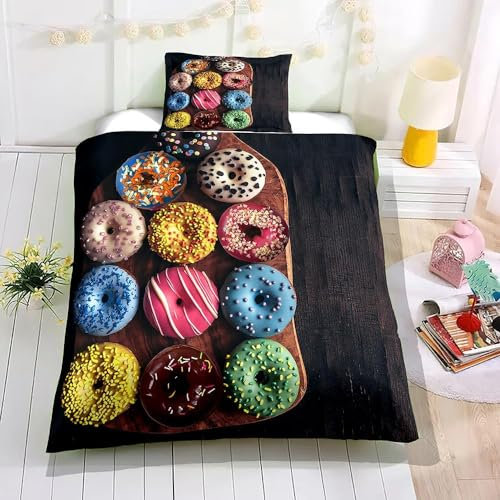 Copripiumino 160x200 Ciambelle Stampa 3D Set Copripiumino Ciambelle Morbido Microfibra Biancheria da Letto Ciambelle, Copripiumone con 2 Federe con Cerniera F1964
