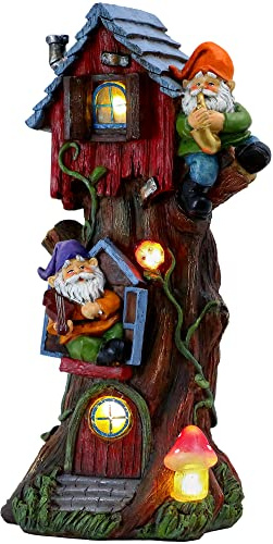 TERESA'S COLLECTIONS 11 Tall Large Garden Statues Gnome Treehouse with Solar Outdoor Light, Dad Gifts for Men,Resin Garden Decor Lawn Ornaments for Patio Yard Decor Gifts for Mom