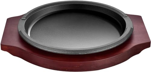 Padella in ghisa rivestita in ghisa con base in legno, per ristorante, casa, cucina, grigliare, carne, frutti di mare, 26 cm