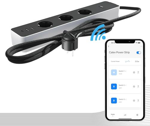 Calex Smart Steckdosenleiste mit Bluetooth, Wi-Fi-Steuerungg, USB-C Schnellladung und Energiemonitoring - 3 Steckdosen, 2 USB-A, 1 USB-C, 16A, 3680W