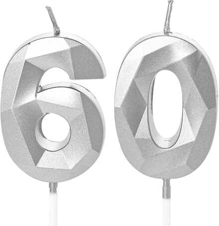 60th Birthday Candles, Silver Number 60 Happy Birthday Candles, Cake Topper Decorations for 60 Year Old Birthday Party Wedding Anniversary Celebration Supply Silver