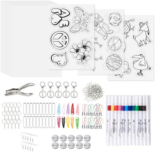 Rairsky 218 Stück Schrumpffolie Set, Schrumpffolien Set Schmuckherstellung | Enthält 15 Stück A5 Schrumpfpapier, Locher, 12 Stück Farbmarker und 206 Stück DIY Schlüsselanhänger Zubehör für DIY Crafts