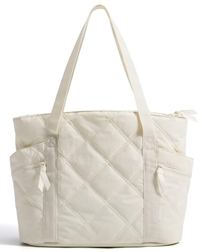 bagsmart Arbeitstasche Damen Handtasche, 20L Puffy Tote Bag Shopper Tasche mit Reißverschluss, Mehrere Fächer und Gepäckgurt für Reisen, Arbeiten, Schule, Beige