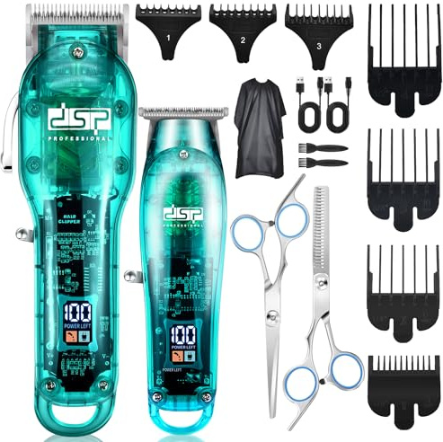 DSP® Cortapelo, Kit de Corte para Hombre Set de Peluquería Profesional para Corte de Pelo y Barba Cortabarba Zero Gap, con Pantalla LED (Azul)