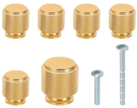 PATIKIL 1 Inch Dia. Cabinet Knobs, 6pcs Knurled Drawer Round Pulls Handle Solid Hardware for Dresser Wardrobe Kitchen Cupboard, Gold Tone