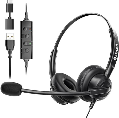 Arama USB Headset with Microphone Noise Cancelling for Laptop PC, Wired Stereo Computer Headset for Business Home Office Call Center, Teams Zoom Meetings, Skype Chat, Online Class