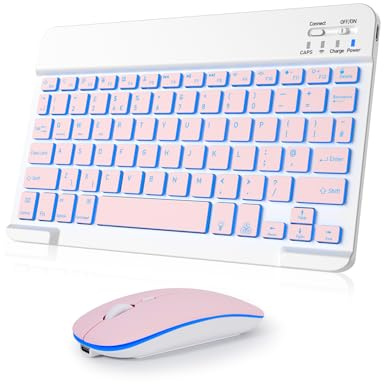 Nsyee Tastiera e mouse Bluetooth retroilluminato, tastiera wireless compatta universale, tastiera portatile ricaricabile per iPad/Samsung/tablet/iOS/Android/Windows, layout UK