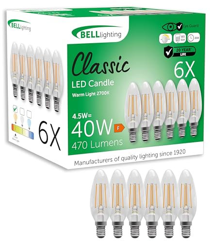 BELL Lighting E14 Small Edison Screw Cap Filament Dimmable Light Bulb LED Candle 6 Pack | Warm White 2700K | 470 Lumen 4.5W | Energy Saving Candle LED Light Bulb | 40W Lamp Equivalent