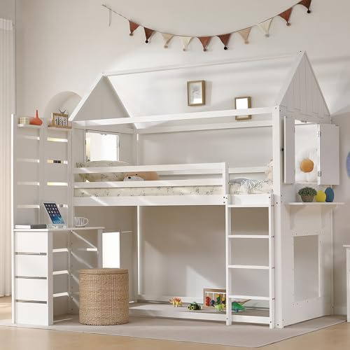 KUAKE Kinderbett Etagenbett 90 x 200, Hausbett für 2 Kinder, Hochbett mit Tisch, Treppe und Rausfallschutz, Baumhaus Bett mit Fenster und Dach, Kiefer+MDF, Weiß